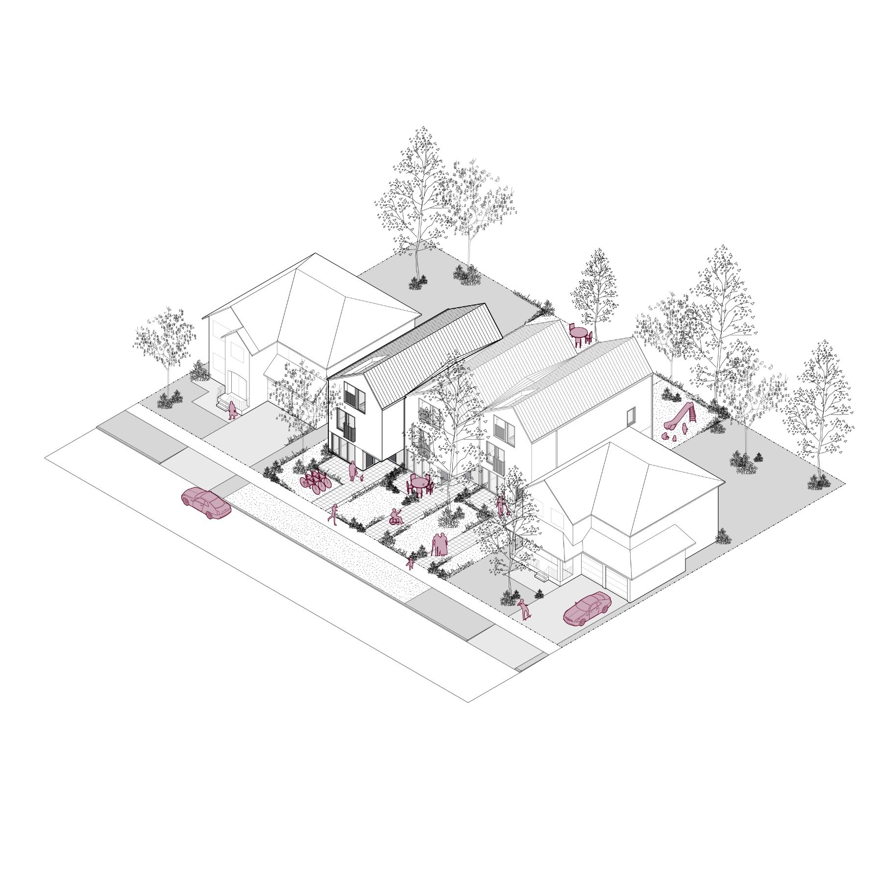 A 3D line rendering of a stacked townhouse, covering approximately 84.0 sq. m (904 sq. ft.). The image shows the three storey building within a suburban neighbourhood. 